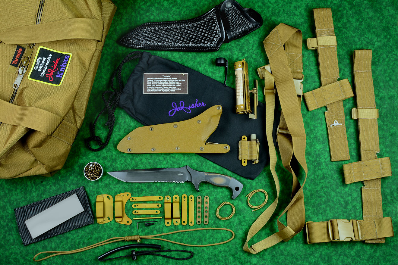 "Taranis" professional tactical, combat, counterterrorism knife kit, complete, with UBLX, EXBLX, HULA, LIMA, diamond sharpener, leather sheath, sternum harness, lanyards, staps, clamps, hardware, and heavy ballistic nylon duffle