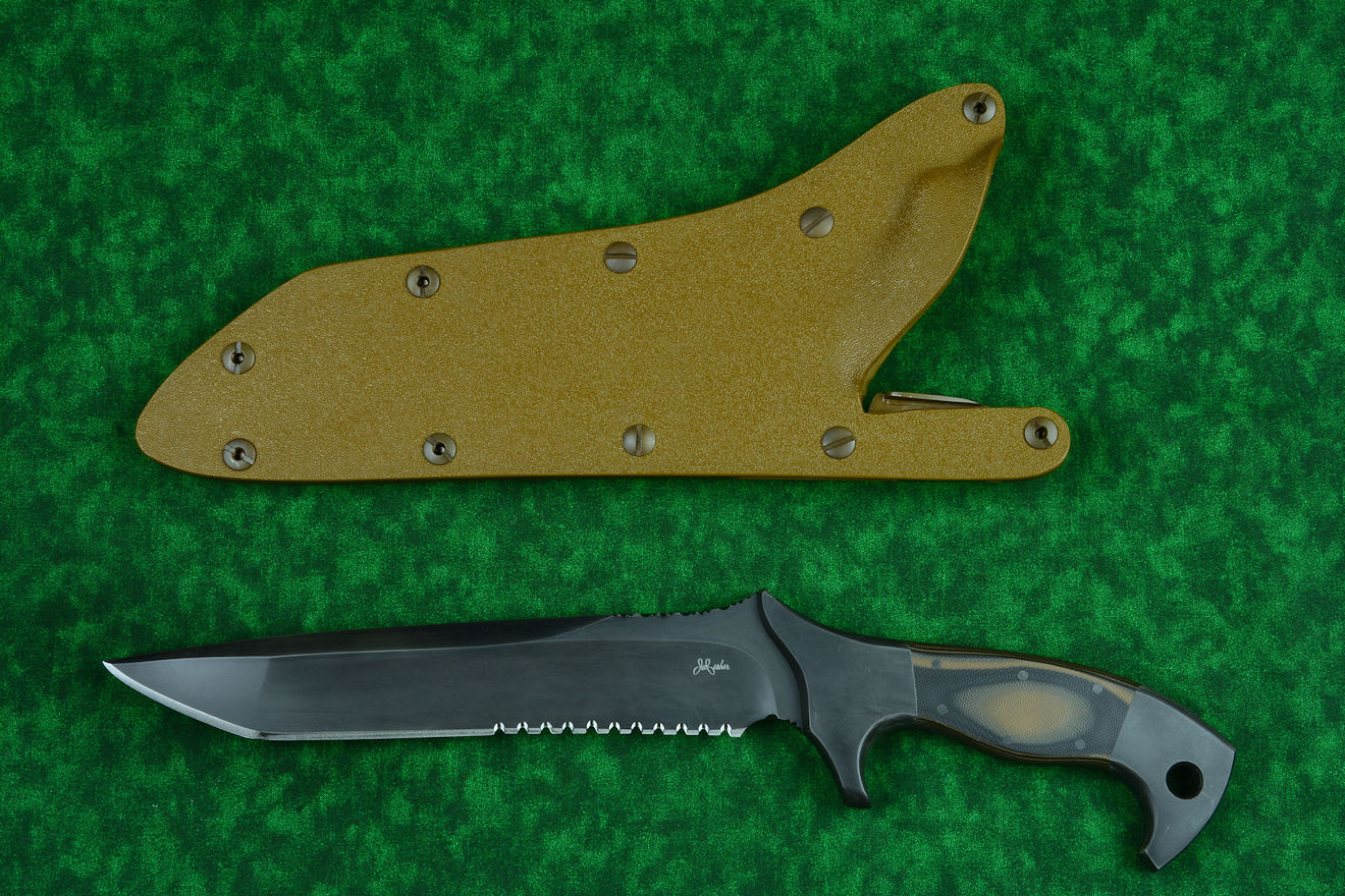 "Taranis" professional grade tactical, counterterrorism, rescue knife, obverse side view in T3 cryogenically processed 440C high chromium stainless steel blade, 304 stainless steel boslters, coyote/black G10 fiberglass/epoxy laminate composite handle, all Shadow Line, with locking kydex, anodized aluminum, stainless steel, titanium sheath