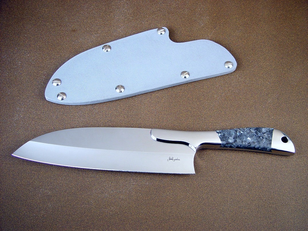 "Vega" Master Chef's Knife obverse side view: 440c high chromium stainless steel blade, 304 stainless steel bolsters, Larvikite (Blue Pearl granite) gemstone handle, kydex, nickel plated steel slip sheath