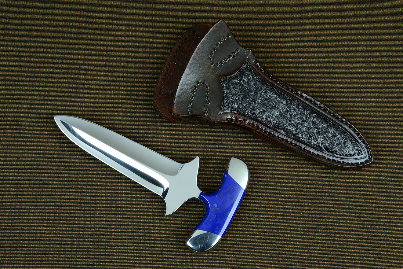 "Vindicator" Tactical/counterterrorism push/punch dagger in CPM154 CM powder metal technology stainless steel blade, 304 stainless steel bolsters, Lapis Lazuli gemstone handle, hand-carved leather sheath inlaid with elephant skin