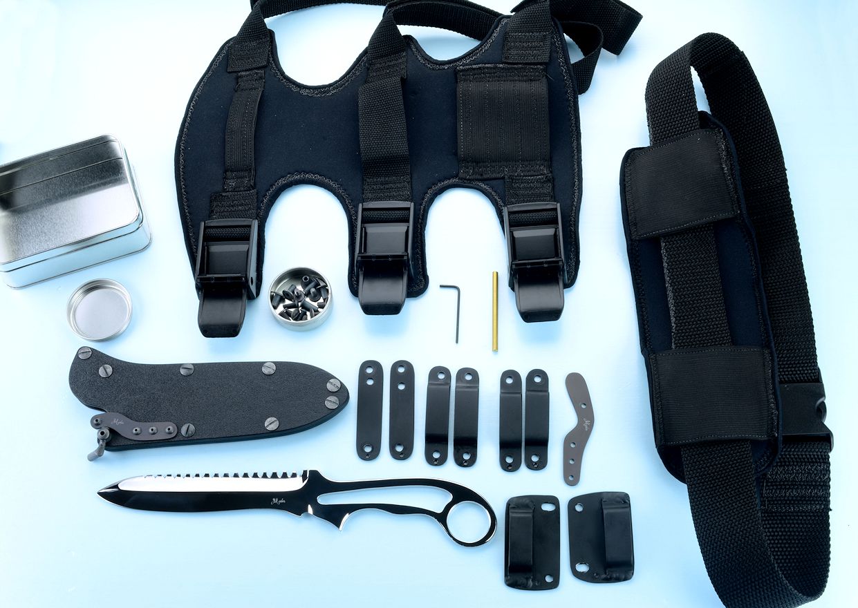 "Xanthid" counterterrorism dive knife with accessories: hybrid tension lock sheath with cam lock, horizontal belt loop plates, .190" belt loops, .250 belt loops, horizontal/vertical belt strap clamps, thumb relase spring, assembly tools, stainless steel hardware, Dive Calf Accessory Mount, Dive Belt Accessory Mount, storage containers