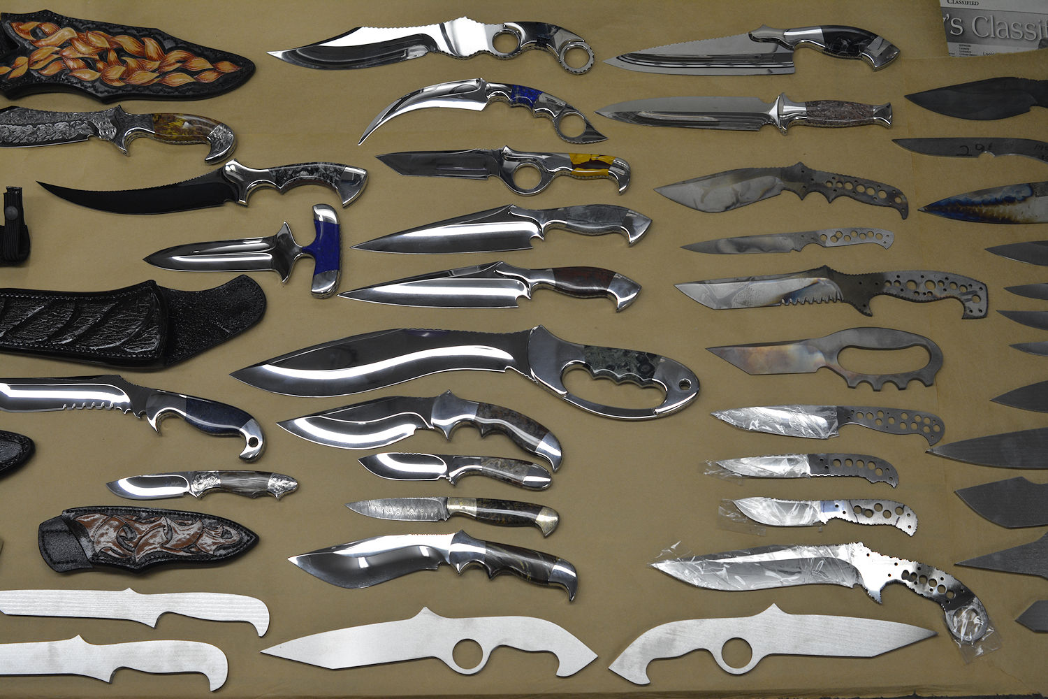 Works in progress. Jay Fisher's knives in various states of construction