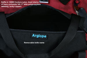 Black polyester felt interior of knife duffle kit bag