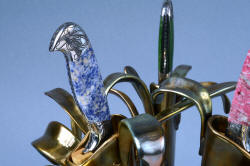 "Antheia" Blue Willow Sodalite gemstone handle detail in cast bronze unique knife sculpture