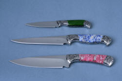 "Antheia" knives: (top to bottom) "Corymbus" paring knife, "Eridanus" boning and trim knife, "Cygnus" Sabatier knife