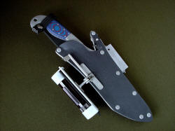 "Arcturus" sheathed view. Sheath is positively locking, waterproof, in kydex, aluminum, with all stainless steel hardware.