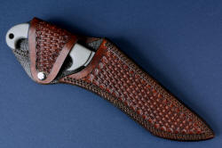 "Arcturus" sheathed view, leather sheath. Sheath flap protects handle, secures knife, avoids cutting edge when open, secured with nickel plated steel snap