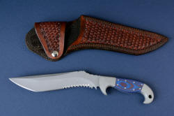 "Arcturus" obverse side view with leather sheath. Sheath is double row stitched at the welts for supreme durability, snap flap secures knife and protects handle