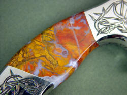 "Argiope" reverse side gemstone knife handle detail. Note nice flow banding, agate seams and brilliant color and finish