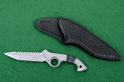 "Ari B' Lilah" Custom Counterterrorism Tactical Combat Knife, shown with leather sheath, obverse side view. Sheath is large and heavy leather shoulder