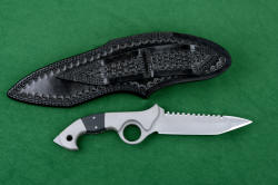 "Ari B' Lilah" Custom Counterterrorism Tactical Combat Knife, reverse side leather sheath view. Sheath is completely double-row stitched in every bond with black polyester for ultimate durability.