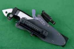 "Ari B' Lilah" Custom Counterterrorism Tactical Combat Knife, sheathed view in hybrid tension-locking sheath with HULA and MagTac flashlight, Maglite Solitaire LED in Ultimate Belt Loop Extender