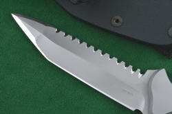 "Ari B' Lilah" Custom Counterterrorism Tactical Combat Knife, obverse side blade detail. Razor keen single bevel blade in ultra-hard RC61 ATS-34 stainless steel 
