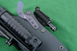 "Ari B' Lilah" Custom Counterterrorism Tactical Combat Knife, hybrid tension-lock sheath details, anodized titanium spring lock, all blackened stainless steel fasteners, anodized aluminum components throughout
