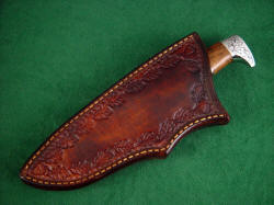 "Aspen" sheathed view. Sheath is deep, thick, and stout to fullly protect knife.