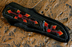 "Azuma" fine custom knife, sheath back detail. Sheath is fully carved in belt loop and back for a complete artistic ensemble.