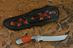 "Azuma" fine custom knife reverse side view. Sheath back and belt loop are hand-carved and hand-dyed leather