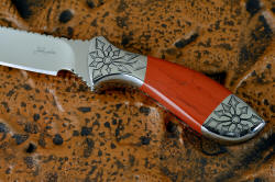 "Azuma" fine custom knife obverse side handle detail. Red river jasper is very hard, tough and durable, outlasting the knife!