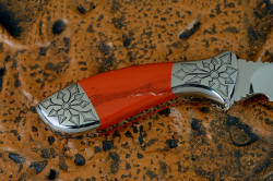 "Azuma" fine custom knife reverse side engraving detail. Bolsters hare hand-engraved 304 austenitic stainless steel, super tough and zero care. The light, arrrow pattern is derived from an ancient Japanese design