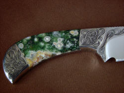"Bootes ST" reverse side handle detail. Fascinating green agate and orbs in jasper gemstone knife handle