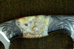 "Bulldog" reverse side gemstone handle detail. Gem is very hard, tough agate, with fascinating patterns and colors. 