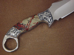 "Bulldog" fine handmade knife, reverse side view. Indian Paint Rock gemstone is tough and bold. Handle shape is comfortable and build is solid