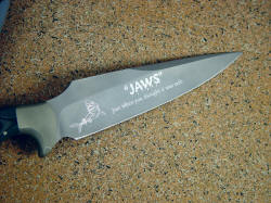 Personal custom engraving on stainless steel knife blade, hollow ground and bead blasted, bright cut
