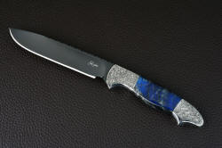 "Carina" obverse side view in O1 hot-blued finish, hand-engraved stainless steel bolsters, labradorite gemstone handle