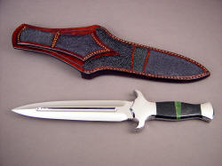 "Charax" reverse side view. The sheath back has large panel inlays of stingray skin, in angles and arrangement that echoes the gemstone handle mosaic. Note twin belt loops on sheath.