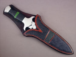 "Charax" sheathed view. Sheath allows display of handle and bolster material, and matches handle mosaic in design shape and color