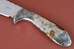 "Chicoma" obverse side handle detail. This is a 3 power enlargement showing the intricate and detailed agate gemstone handle