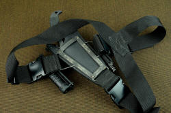 "Chronos" modular sheath wear system, shown with sternum harness, back side. The module frame is fully engraved with instructions, and is made completely in 304 stainless steel