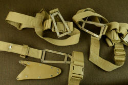 "Chronos" modular sheath wearing system components, belt loop extender, sternum harness, and spine harness, all in coyote