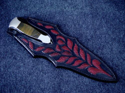 "Classic" dagger, sheathed view. Note picture framing of knife handle in hand-carved and inlaid knife sheath