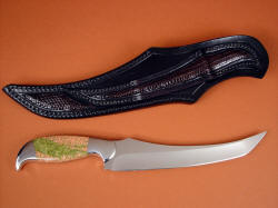 "Cybele" fillet, carving, boning, chef's, collector's knife, reverse side view. Note lizard skin inlays on sheath back and belt loop