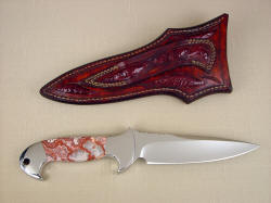 "Cygnus-Horrocks" custom knife, reverse side view. Heavy sheath has double row stitching on belt loops, back is inlaid with ostrich leg skin in heavy leather shoulder