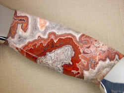 "Cygnus-Horrocks" obverse side gemstone handle detail. Crazy Lace Agate is hard, tough, and durable, with fascinating patterns