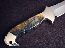 "Cygnus-Horrocks Magnum" reverse side handle view. Bolsters are dovetailed and bed large and meaty Picasso Marble gemstone handle scales