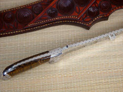 "Deimos" spine view, edgework, filework detail. Note fully tapered tang, thick spine, staggered accurate filework, dovetailed bolsters and gemstone handle material