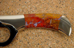 "Diacria" handle detail. Polvadera jasper has agate inclusions, striking in color, very hard and tough, glassy smooth.