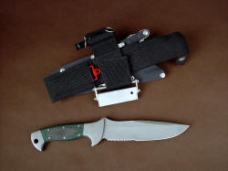 "Diegylis" reverse side view. Complete knife package, including ultimate belt loop extender and all accessories in tough, waterproof materials