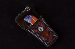 "Elysium" liner lock folding knife with Red River Jasper gemstone handle in hand-carved leather sheath inlaid with red rayskin