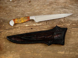 "Eridanus" fine handmade knife, reverse side view. Note inlays of lizard skin on back of sheath and in belt loop.