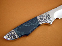 "Furud" reverse side knife handle detail. Spiderweb Obsidian is blue-gray with green-gray webbing