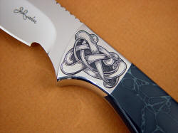 "Furud" obverse side hand-engraved 304 stainless steel front bolster detail. 304 is tough and difficult to engrave, and zero care