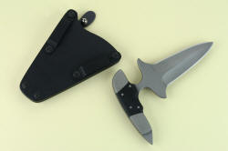 "Guardian" Custom Counterterrorism Push/Punch dagger, reverse side view. Sheath belt loops are anodized and dyed black high strength aluminum alloy mounted with blackened stainless steel screws
