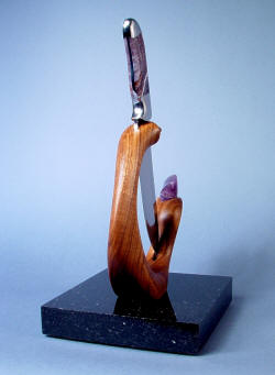 "Hestia" knife in display stand: American black walnut knife stand is hand-carved, finely oil finished and waxed.