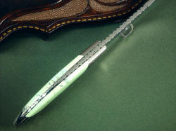 Izanami fine gemstone handled knife: spine edgework, filework detail. Note fully tapered tang.