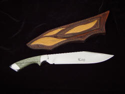 "Jungle Bowie" reverse side view. Note custom etching in hollow ground blade, inlays on sheath back in Emu