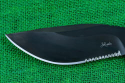 "Kairos" professional counterterrorism tactical knife, close up of blade grind, single bevel cutting edge, finish